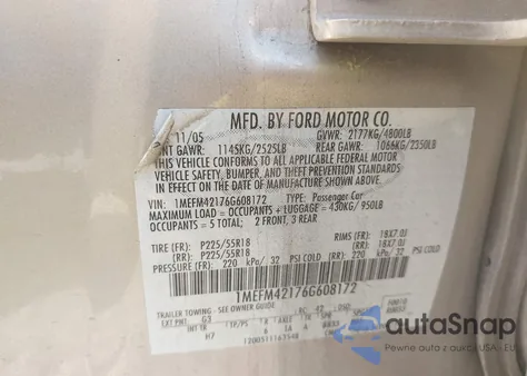 2006 Mercury Montego Premier from USA, damaged, VIN 1MEFM42176G608172